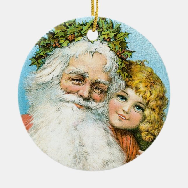 Victorian Santa with Girl Ceramic Ornament (Front)