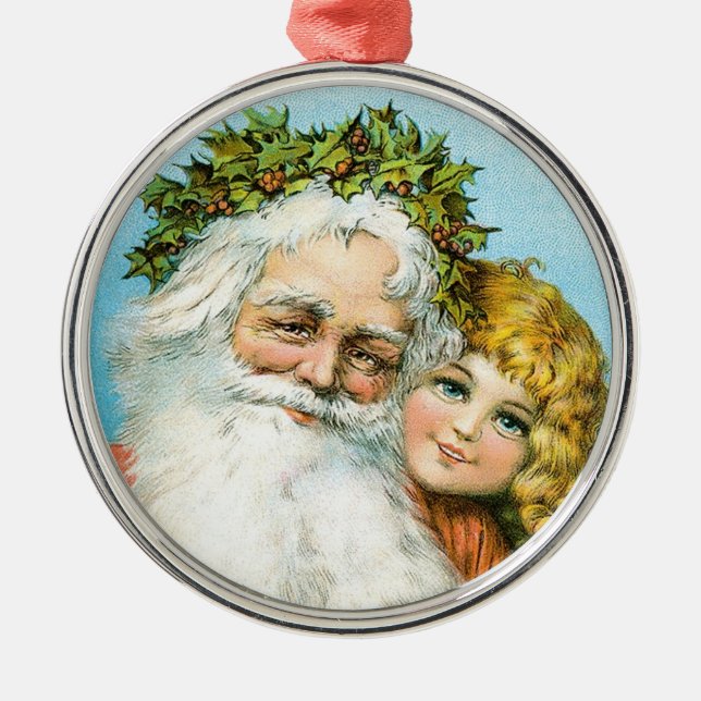 Victorian Santa with Girl Metal Ornament (Front)