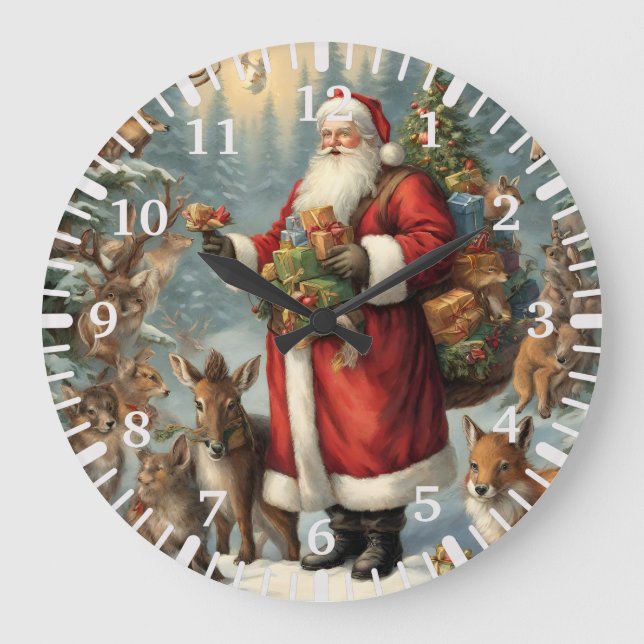 Victorian Santa with Present and Forest Animals  Large Clock (Front)