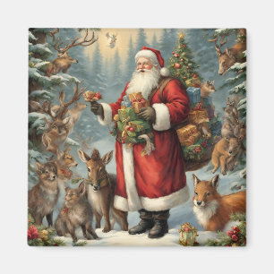 Victorian Santa with Present and Forest Animals Magnet