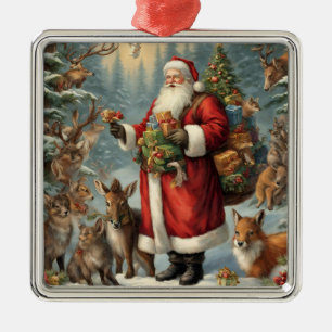 Victorian Santa with Present and Forest Animals  Metal Ornament