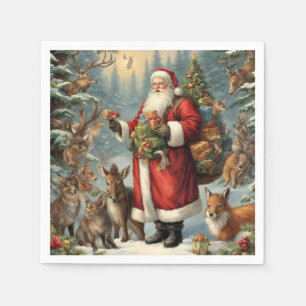 Victorian Santa with Present and Forest Animals  Napkin