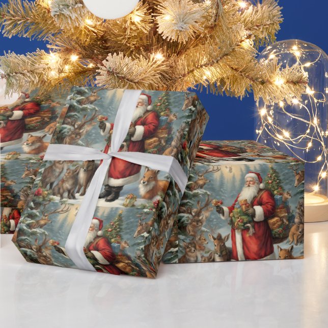 Victorian Santa with Present and Forest Animals  Wrapping Paper (Holidays)