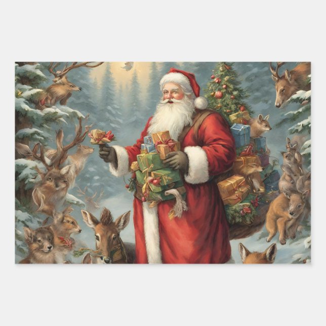 Victorian Santa with Present and Forest Animals  Wrapping Paper Sheet (Front)