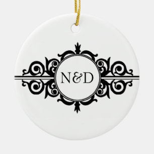 Victorian scroll monogram black white keepsake ceramic ornament