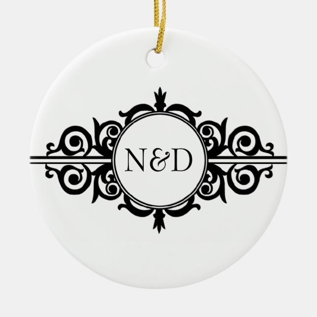Victorian scroll monogram black white keepsake ceramic ornament (Front)