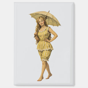 Victorian Seaside Girl with Parasol Yellow Stripes Magnet