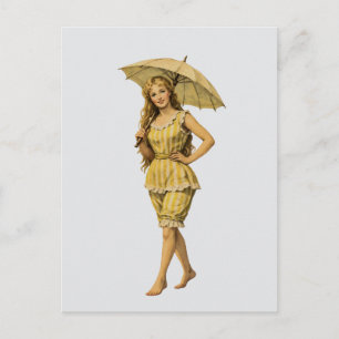 Victorian Seaside Girl with Parasol Yellow Stripes Postcard