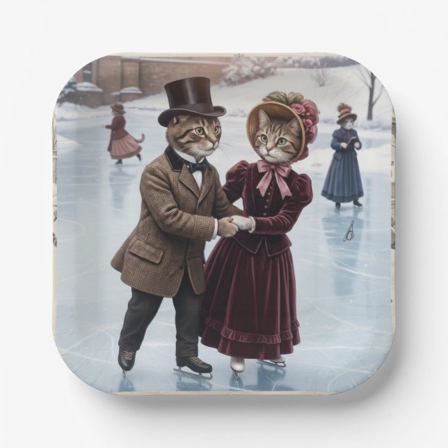 Victorian Skating Cats Paper Plates (Front)