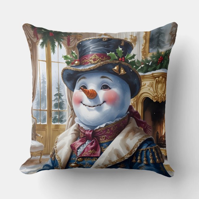 Victorian Snowman Christmas Design Throw Pillow (Front)