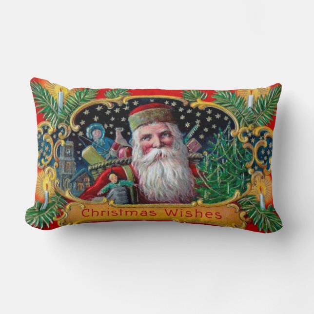 Victorian St. Nick with Gold Stars and Toys Lumbar Pillow (Front)