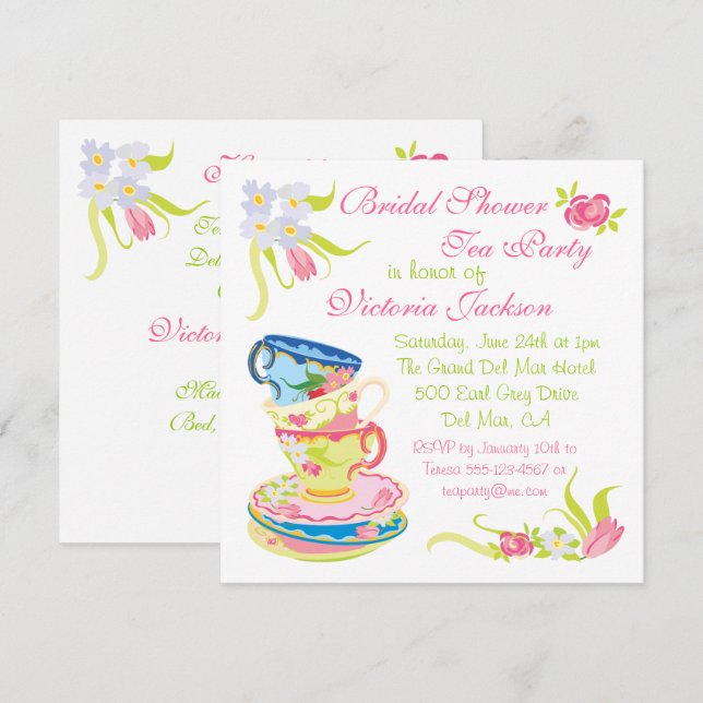 Victorian Stacked Tea Cups Tea Party Bridal Shower Invitation (Front/Back)