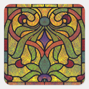Victorian Stained Glass in Green and Gold Square Sticker
