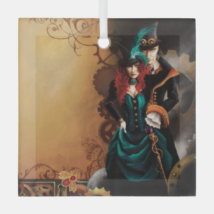 Victorian Steampunk Couple Elegance Romance  Glass Ornament