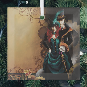Victorian Steampunk Couple Elegance Romance Glass Ornament