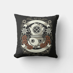 Victorian Steampunk Deep Sea Diver Red Roses Outdoor Pillow