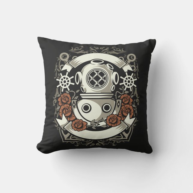 Victorian Steampunk Deep Sea Diver Red Roses Outdoor Pillow (Front)