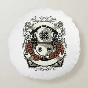 Victorian Steampunk Deep Sea Diver Red Roses Round Pillow