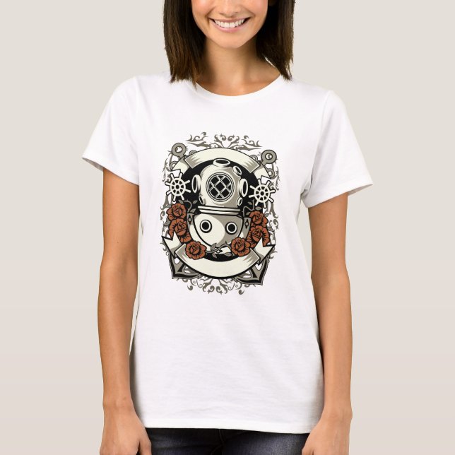 Victorian Steampunk Deep Sea Diver Red Roses T-Shirt (Front)