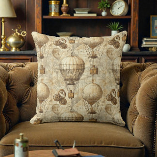 Victorian Steampunk Hot Air Balloons Throw Pillow
