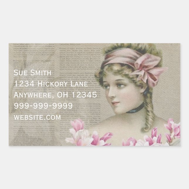 Victorian Steampunk Lady Pink Newspaper Address Sticker (Front)