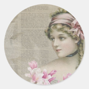 Victorian Steampunk Lady Pink Newspaper Classic Round Sticker