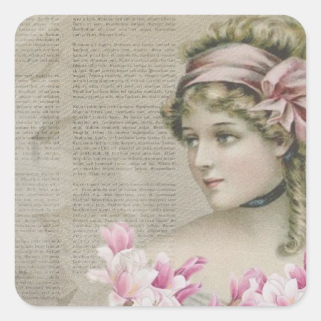 Victorian Steampunk Lady Pink Newspaper Square Sticker (Front)