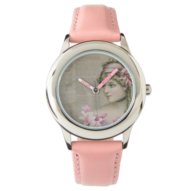 Victorian Steampunk Lady Pink Stainless Steel Watch (Front)