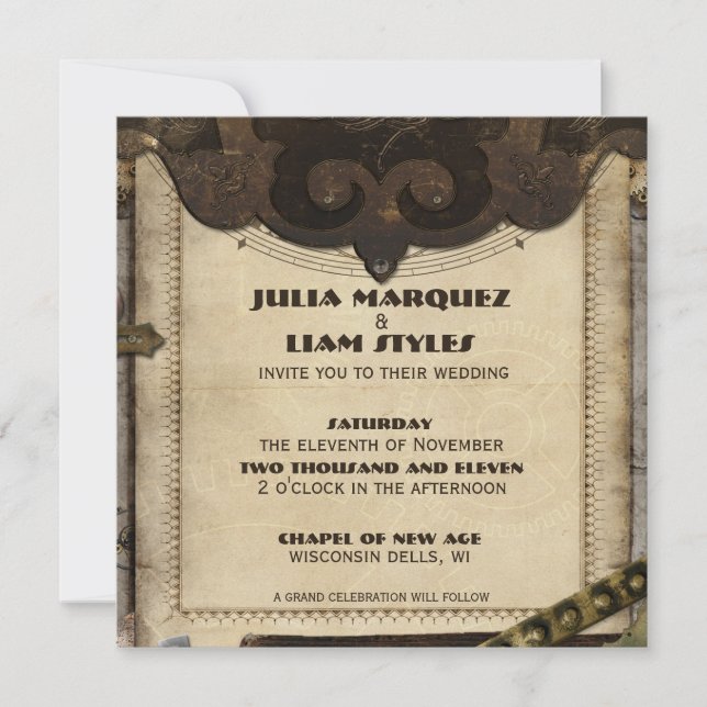 Victorian Steampunk Leather Wedding Invitation (Front)