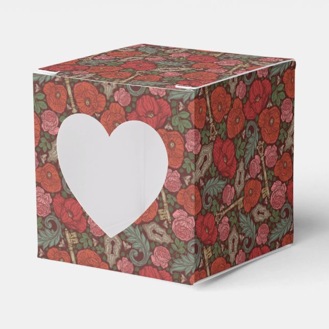 Victorian Steampunk Old Lock Key Red Poppies Favor Box (Front Side)
