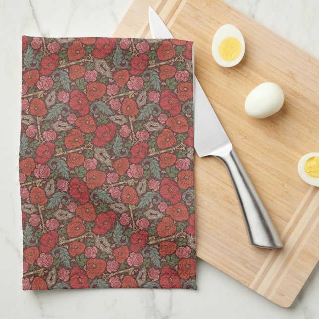 Victorian Steampunk Old Lock Key Red Poppies Kitchen Towel (Quarter Fold)