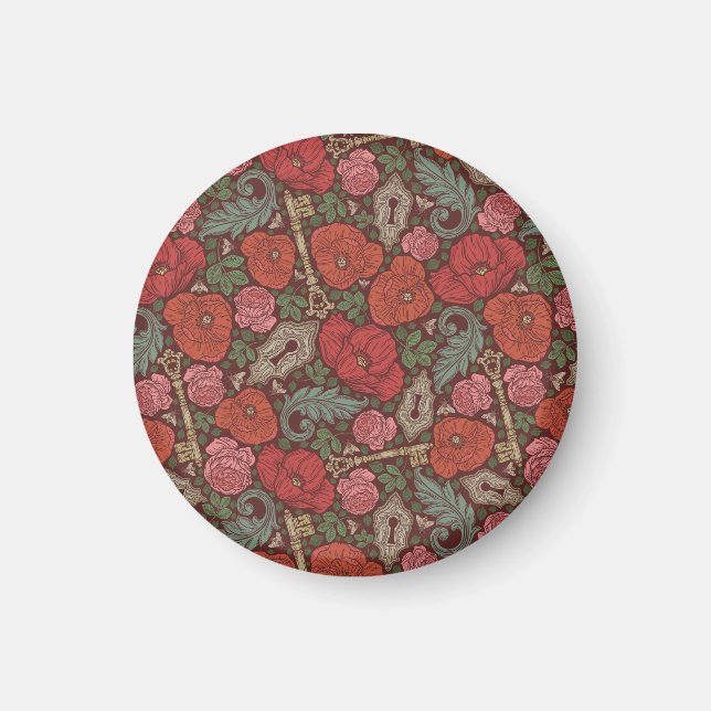 Victorian Steampunk Old Lock Key Red Poppies Magnet (Front)