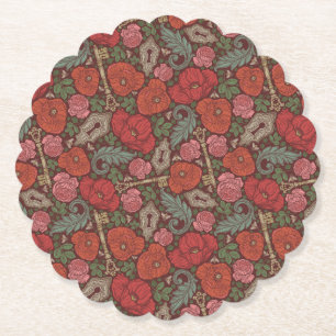 Victorian Steampunk Old Lock Key Red Poppies Paper Coaster