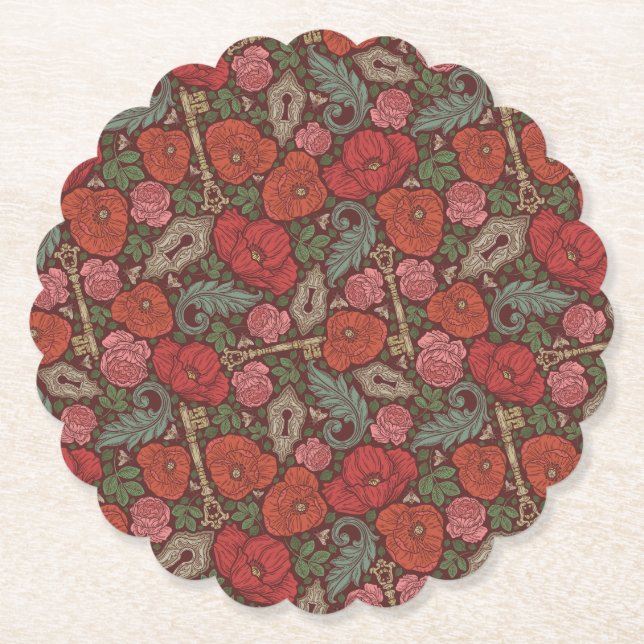 Victorian Steampunk Old Lock Key Red Poppies Paper Coaster (Front)