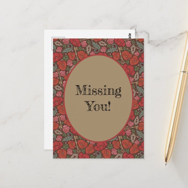 Victorian Steampunk Old Lock Key Red Poppies Postcard (Front/Back In Situ)