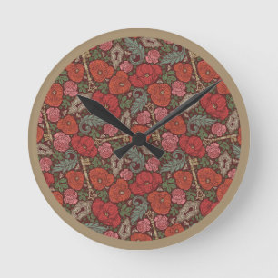 Victorian Steampunk Old Lock Key Red Poppies Round Clock