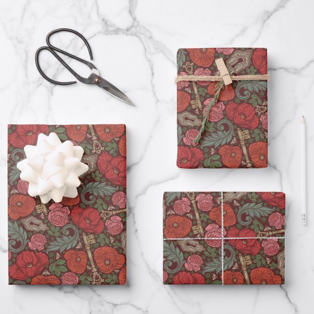 Victorian Steampunk Old Lock Key Red Poppies Wrapping Paper Sheet (Front)
