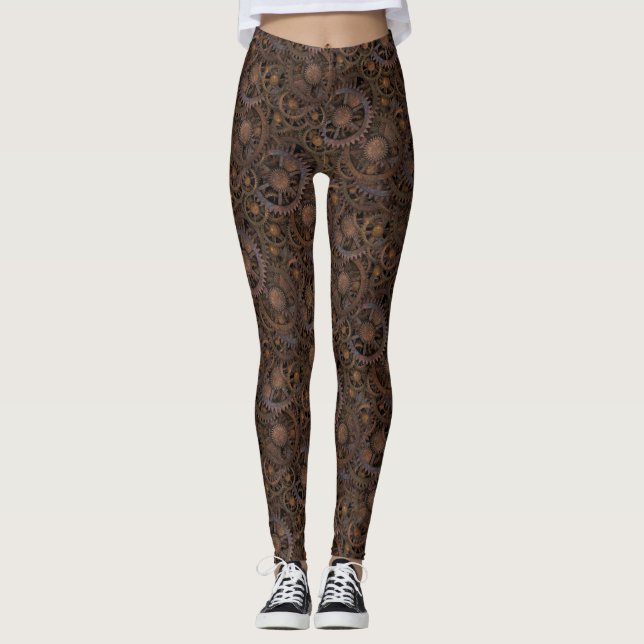 Victorian Steampunk Rusty Clockwork Cogs Leggings (Front)