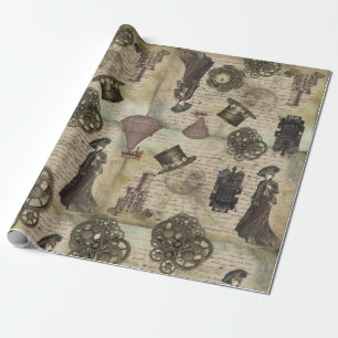Victorian Steampunk Vintage Decoupage Grunge Gears Wrapping Paper