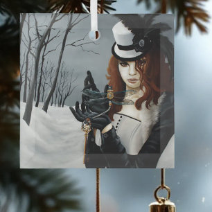Victorian Steampunk Winter Dragonfly Key Gothic Glass Ornament