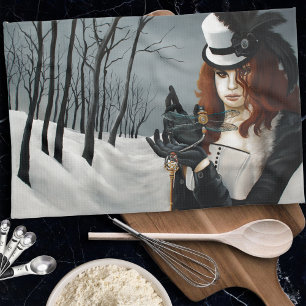 Victorian Steampunk Winter Dragonfly Key Gothic Kitchen Towel