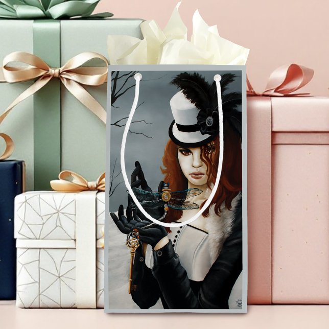 Victorian Steampunk Winter Dragonfly Key Gothic Small Gift Bag (Creator Uploaded)