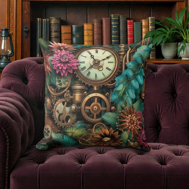 Victorian Steampunk with Flowers Throw Pillow (Creator Uploaded)