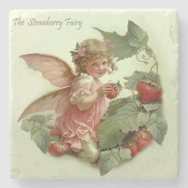 Victorian “Strawberry Fairy” in a Leafy Garden  Stone Coaster (Front)