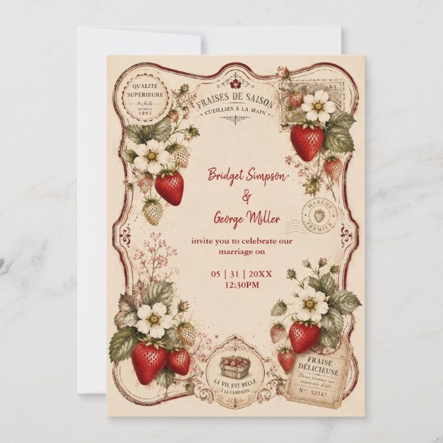 Victorian Strawberry Wedding Botanical Invitation (Front)