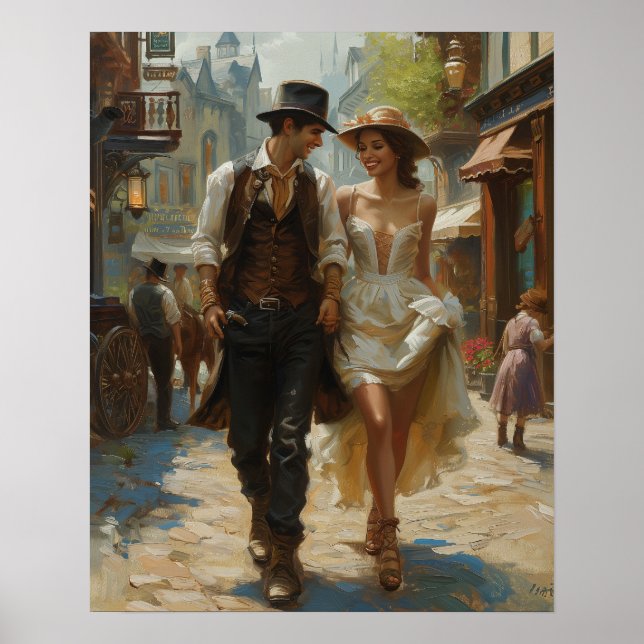 Victorian Stroll - Steampunk Elegance Watercolor Poster (Front)