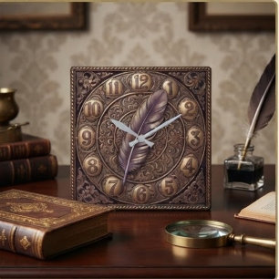 Victorian Style Antique Bronze Feather Motif Square Wall Clock