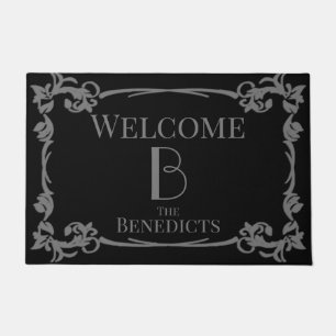 Victorian Style Black and Grey Custom Family Name Doormat