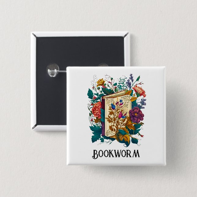 Victorian style Bookworm design 2 Inch Square Button (Front & Back)
