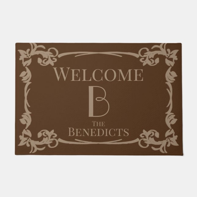 Victorian Style Brown and Beige Custom Family Name Doormat (Front)